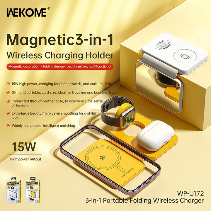 Image du produit Wekome Chargeur sans fil 3en1 avec MagSafe pour iPhone, Apple Watch et AirPods + miroir (jaune) (1 cm)