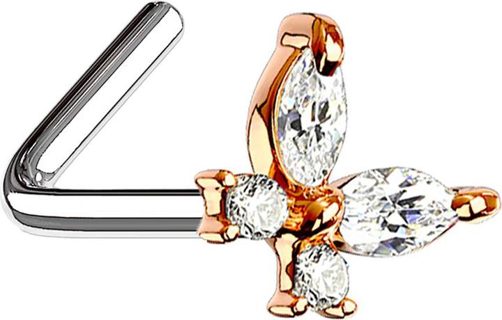 Produktbild Star Piercing Nasenstecker gewinkelt rosegold Schmetterling mit Kristallen silber (Chirurgenstahl 316L, Messing)