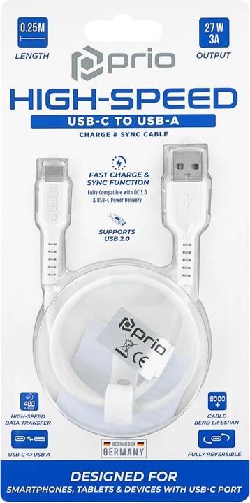 Immagine prodotto prio Cavo di ricarica e sincronizzazione ad alta velocità da USB C a USB A 3A 0,25m bianco (0.25 m, USB 2.0)