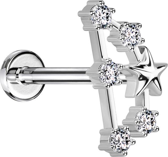Star Piercing Micro Labret Innengewinde silber Sternzeichen Steinbock mit Kristallen (Chirurgenstahl 316L, Messing)