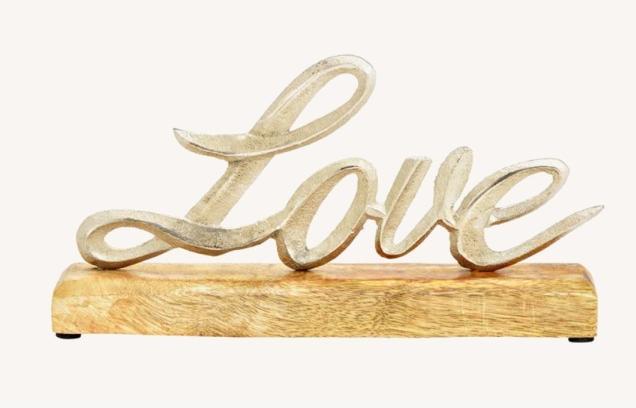 Image du produit G. Wurm Présentoir Lettre, Love, sur socle en bois de manguier, en métal argenté (L/H/P) 25x13x5cm