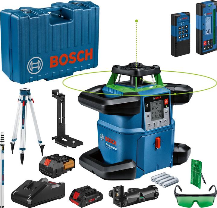 Cassetta utensili, Costruzione Treppiede, Asta di misura, Ricevitore laser, Telecomando, Accumulatore di carica elettrica, Caricatore ricarica rapida, Adattatore per batterie, Supporto da parete, 4 batterie AA, Piastra di puntamento laser, Occhiali per la visione laser
