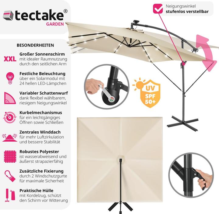 Produktbild tectake Sonnenschirm Sunna LED-Solar mit Kurbel 2,5 x 2,5 m (2.50 m)