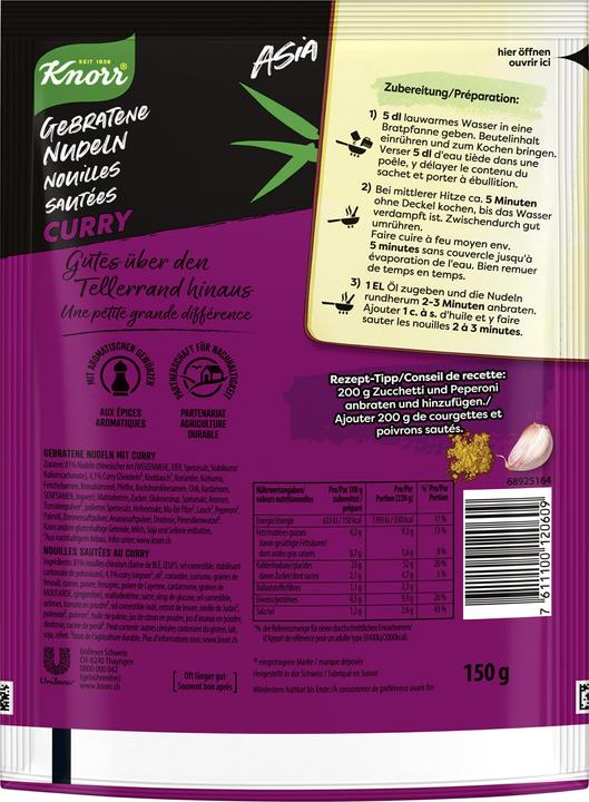 Nährwerte und Zutaten Knorr Asia Gebratene Nudeln Curry Beutel, Asiatische Noodles knusprig und fein (160 g)