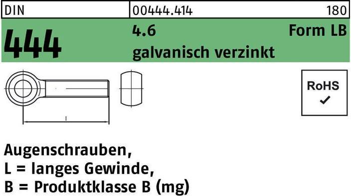 Produktbild Augenschraube DIN 444 Form LB LBM 16 x 180 4.6 galvanisch verzinkt (10 Schrauben pro Stück)