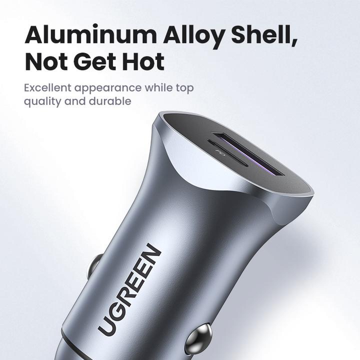 Actual product image Ugreen CD130 Car Charger, USB-A+PD 3.0, USB-C, QC3.0 30W (Grey)