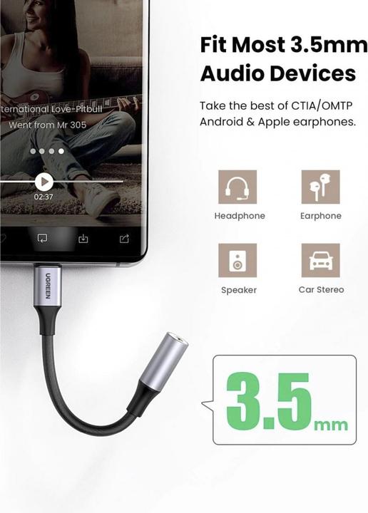 Image du produit Ugreen Adaptateur USB-C vers 3.5mm femelle avec support IPAD Pro et Samsung Note 10 (USB Type C, Jack 3.5mm)