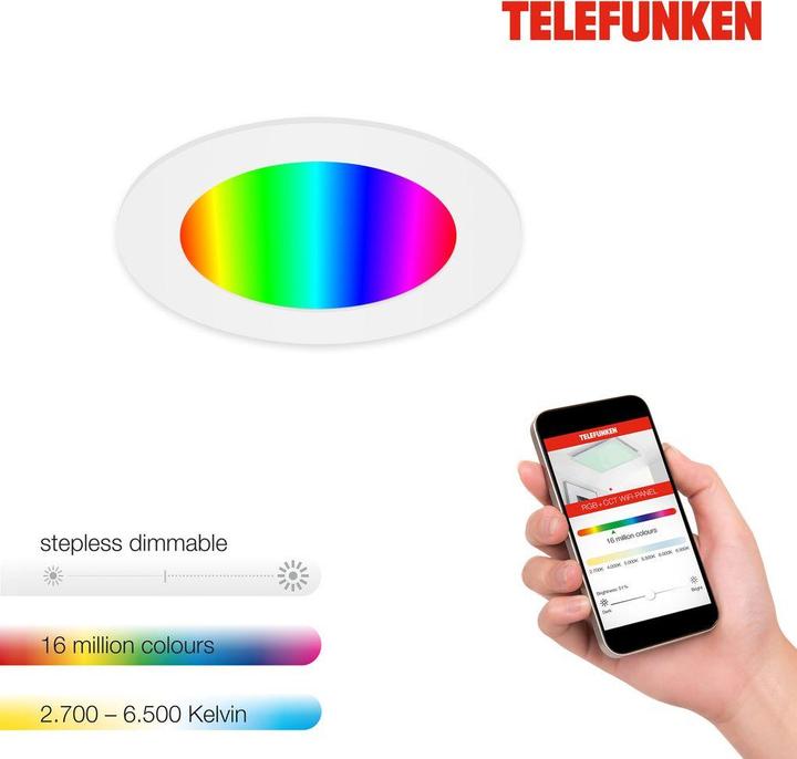 Image du produit Telefunken LED encastrable IP23 dimmable WiFi RGBW 6W 600 lm blanc chaud - blanc lumière du jour rond blanc (600 lm)