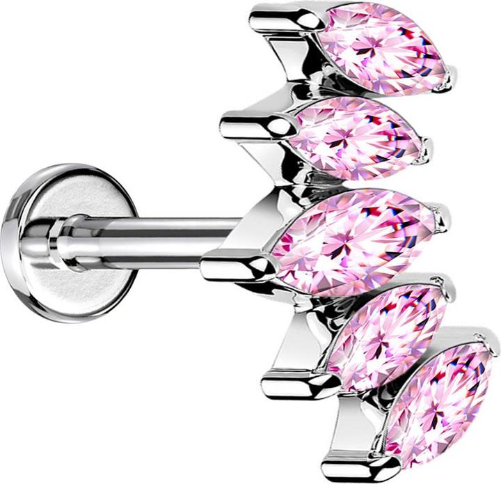 Image du produit Star Piercing Micro Labret femelle argenté éventail avec cinq cristaux roses (sans laiton, Acier chirurgical 316L)