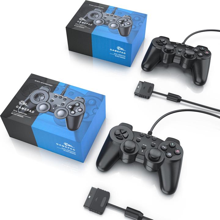 Produktbild CSL 2x PlayStation Controller, PS2 Gamepad mit Dual Vibration (Rumble Effekt), Präzision & Komfort (PS2)