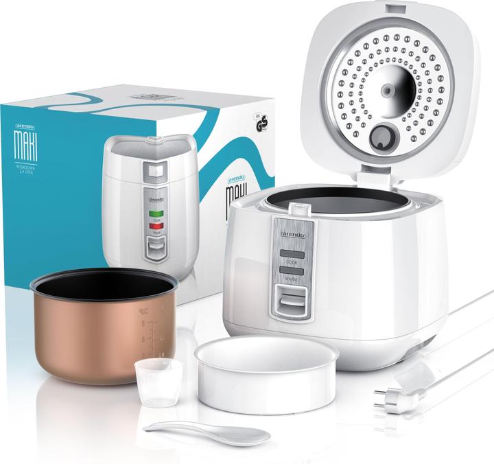 Produktbild Arendo Reiskocher 1,4l, 540 W, 1,4 L, Hitzeschutz, Dampfgareinsatz, Warmhaltefunktion, Dampfgarer, weiss
