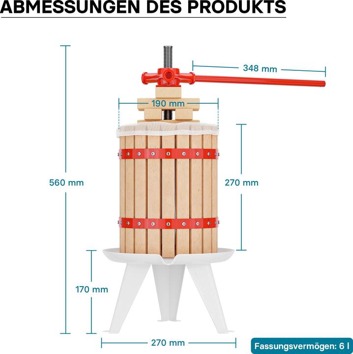 Produktbild Wiltec Obstpresse 6L mit 3x Presstuch Maischepresse Weinpresse Saftpresse