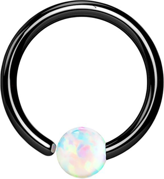 Star Piercing Micro Closure Ring schwarz mit Kugel Opal einseitig fixiert weiss (ohne Messing, Chirurgenstahl 316L)
