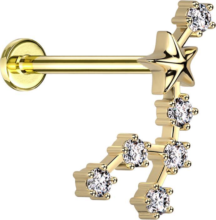 Star Piercing Micro Labret Innengewinde vergoldet Sternzeichen Löwe mit Kristallen (Chirurgenstahl 316L, Messing)