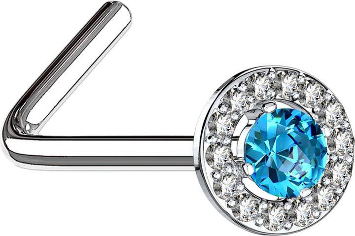 Image du produit Star Piercing Clou de nez coudé argent cercle de cristal avec grand cristal aqua (Laiton, Acier chirurgical 316L)