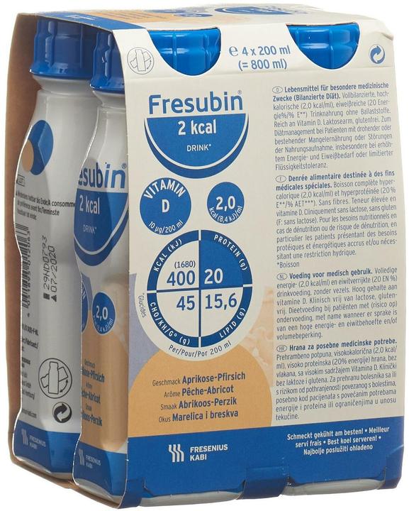 Produktbild Fresubin 2 kcal Drink Aprikose-Pfirsich, 4 x 200 ml (4 Stück, Flüssigkeit, 978 g)
