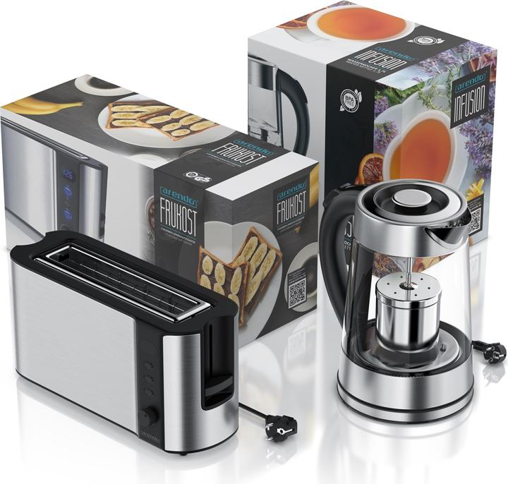 Produktbild Arendo Frühstücks Set, Glas Wasserkocher 1,7l mit Teesieb & 2-Scheiben Langschlitz Toaster, Edelstahl (1.70 l)
