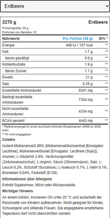 Nährwerte und Zutaten Biotech USA 100 Pure Whey (Erdbeere, 1 Stk., 2270 g)