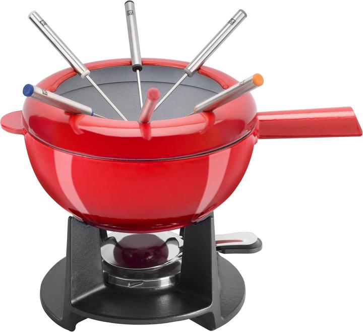 Produktbild Zwilling Fondue-Set aus Gusseisen 20 cm rot mit 6 Edelstahlgabeln (Käsefondue, Schokoladenfondue)