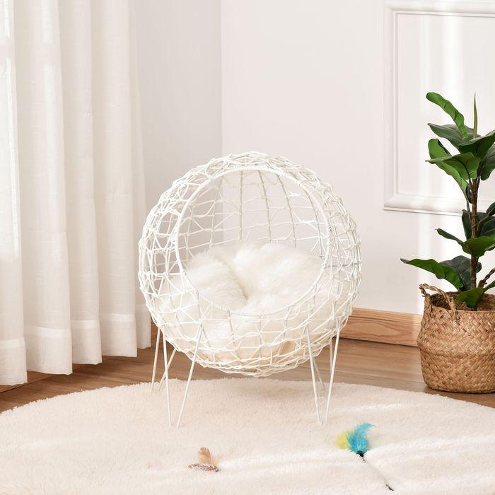 Produktbild Swisshandel24 Rattan Katzenkorb Katzenhöhle Katzenhütte Katzenbett mit Kissen erhöhtes Design Haustierbett Cremewe (Katze)
