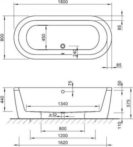 Actual product image Koralle T200 freestanding bathtub oval with moulded-on apron, 1800x800mm, front overflow, with integ (184 cm, 80 cm)