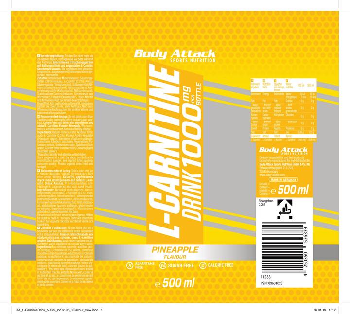 Actual product image Body Attack L-Carnitine Drink (18x 500 ml) (Pineapple, 18 x)