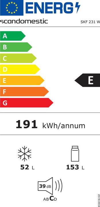 Label énergétique Scandomestic SKF 231 W - Combinaison réfrigérateur-congélateur - Largeur : 54 cm - Profondeur : 55 cm - Hauteur (Autonome, 205 l)