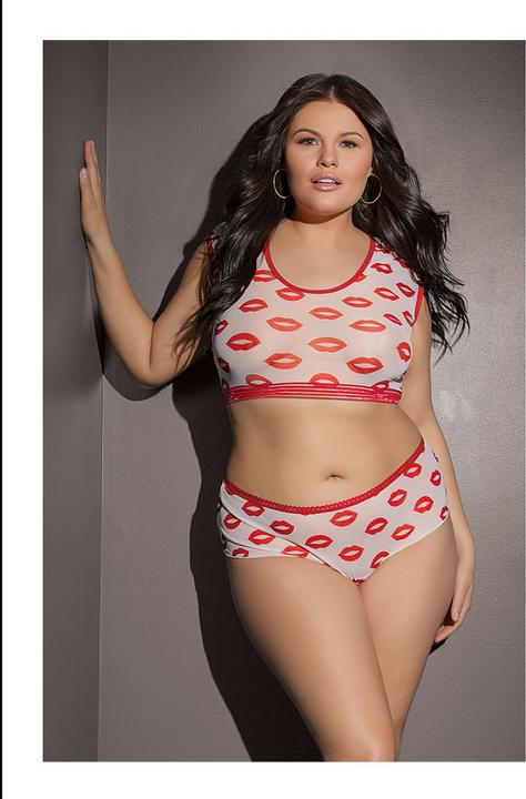 Actual product image Coquette Lip Print Crop Top & Short - White - Queen (Plus Size)