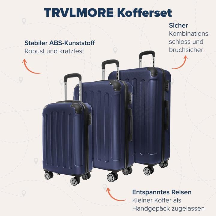 Immagine prodotto Trvlmore 3-teiliges Hartschalen-Kofferset, TSA-Schloss, Teleskopgriff (110 l, Bagaglio a mano (fino a 50 litri), M (50 - 90l), L (90 - 115l))