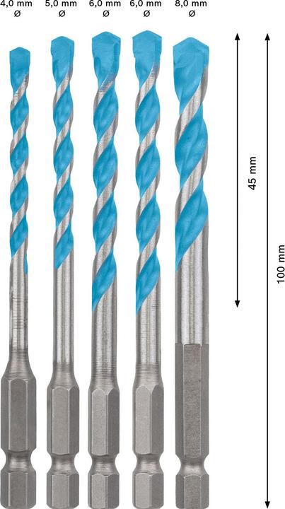 Immagine prodotto Bosch Professional Zubehör Set di punte EXPERT HEX-9 MultiConstruction, 4/5/6/8 mm, 5 pezzi. (4, 5, 6, 8 mm)