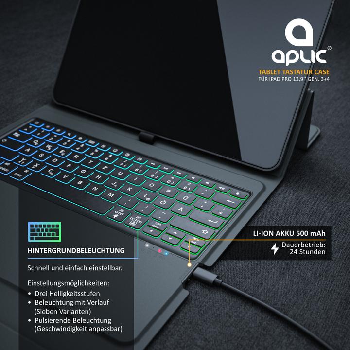 Produktbild Aplic Bluetooth Tablet Tastatur für iPad Pro 12,9 Zoll Gen 3 + 4, 500 mAh Akku, Keyboard mit Case (DE)