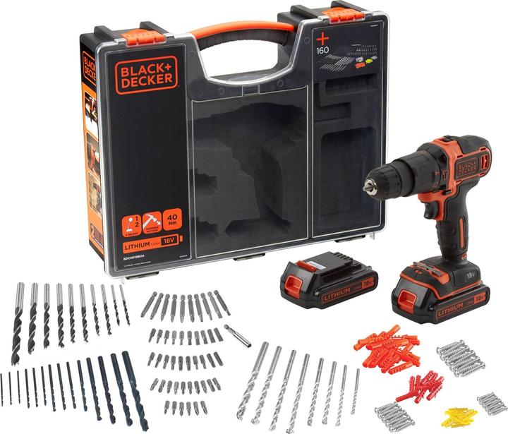 Immagine prodotto Black & Decker BDCHD18BOA, 2 batterie e 160 pz. Set di accessori (Batteria ricaricabile)