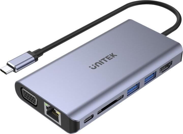 Actual product image Unitek HUB USB HUB 8-w-1 USB-C 3.1 HDMI VGA RJ45 SD PD 100W D1019B (USB-C, 8 Ports)