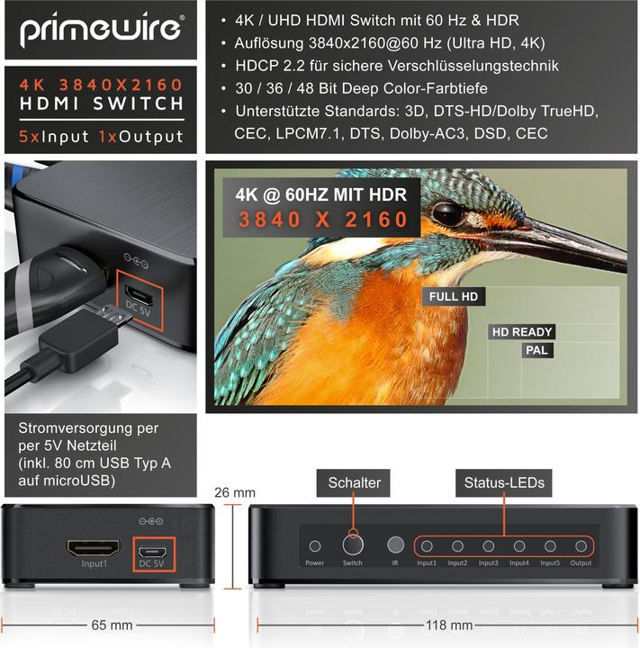 Actual product image Primewire HDMI 2.0 switch, 5-port Ultra HD 4K HDMI switch with remote control, 5x IN/1x OUT distributor
