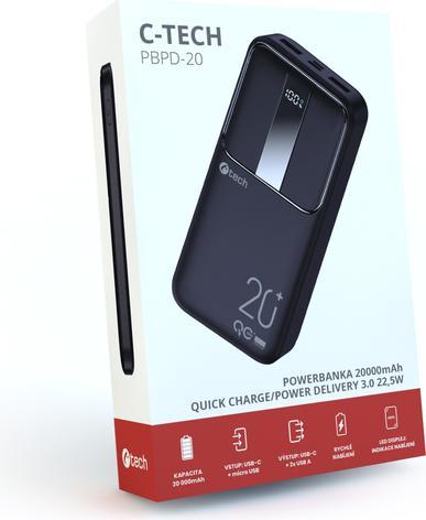 Immagine prodotto C-Tech Powerbanka, Li-Pol,, USB-C/USB-A/micro USB (20000 mAh, 22.50 W)