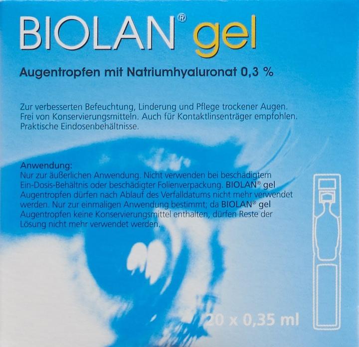 Produktbild Biolan Gel Augentropfen (7 ml, Biolan Augentropfen/Gel mit Natriumhyaluronat 0.3% zur verbesserten Befeuchtung, Linderung und Pflege trockener Augen)