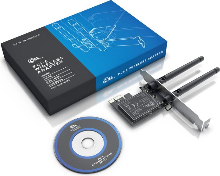 Immagine prodotto CSL Scheda di rete WLAN 2,4 Ghz PCIe, scheda adattatore WiFi 300 Mbit/s con 2x antenne esterne (Mini PCI Express)