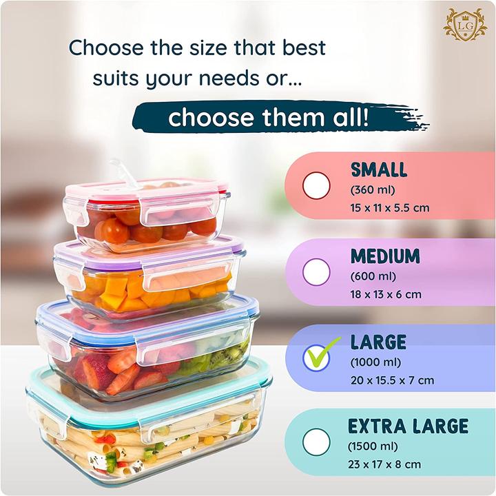 Actual product image LG Luxury & Grace Pack of 4 Glass Food Storage Containers 1000 ml Blue Steam Hole (1 l)
