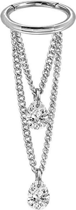 Star Piercing Micro Segmentring klappbar silber Anhänger zwei Ketten zwei Ovale Kristalle silber (Chirurgenstahl 316L, ohne Messing)