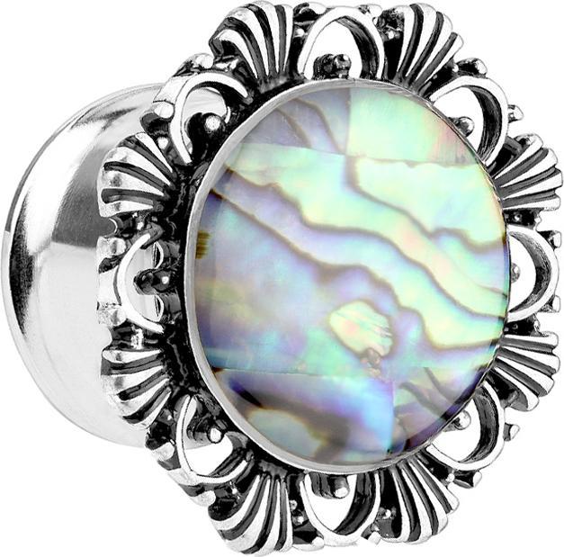 Actual product image Star Piercing Flared plug with vintage flower and abalone (Brass, Surgical steel 316L)