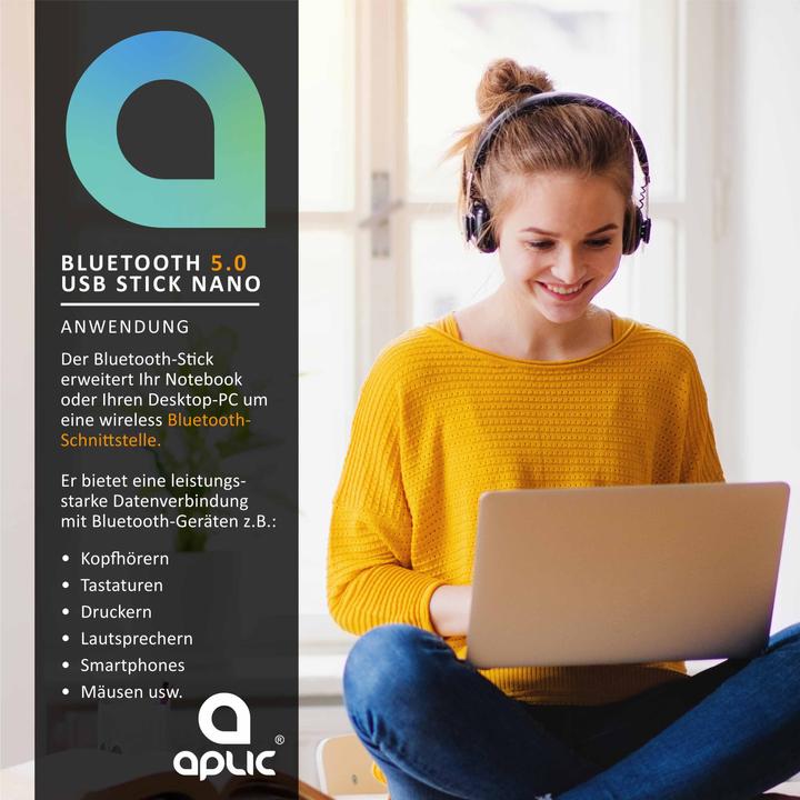 Produktbild Aplic Bluetooth 5.0 USB Adapter für PC/Laptop, Empfänger/Sender, Dongle kompatibel mit Windows 8.1/10/11 (Sender & Empfänger)
