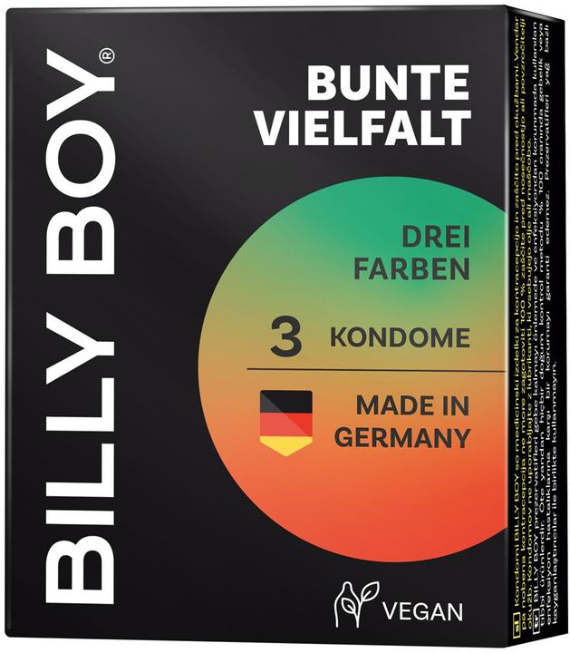 Produktbild Billyboy Billy Boy Bunte Vielfalt, 3 Kondome in Rot, Schwarz und Grün, 52 mm, hergestellt in Deutschland. (3 Stk.)