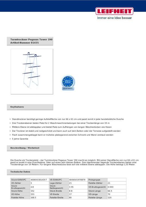 Actual product image Leifheit Pegasus 190 Tower (19 m)