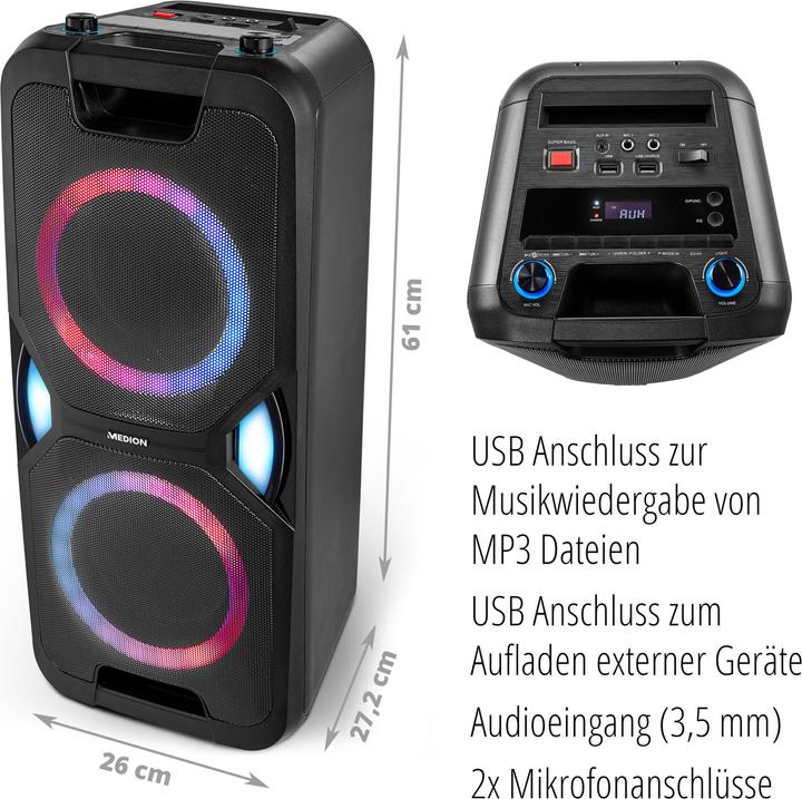 Produktbild Medion MD 44468 Partylautsprecher schwarz (15 h, Netzbetrieb, Akkubetrieb)