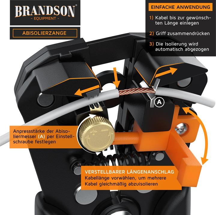 Produktbild Brandson Abisolierzange selbsteinstellend, 10-24 AWG, Crimpzange zum Abisolieren, Kabelschneider 0,2 - 6mm² ⌀ (210 mm)