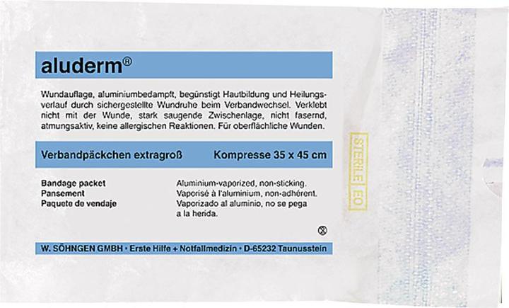 Actual product image Aluderm ® Dressing 6 cmx3 m (WxL) Compress dimensions: 45x35 cm (WxL) Polyester fleece aluminium vapourised (1 x)