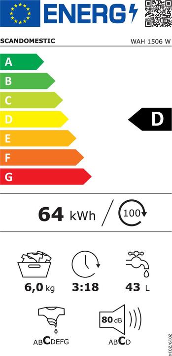 Energie-Label Scandomestic WAH 1506 W - Waschmaschine - Breite: 59,5 cm - Tiefe: 40 cm - Höhe: 85 cm - 6 kg. - 120 (6 kg, Links)