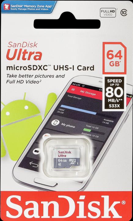 Produktbild SanDisk Ultra microSDXC 64GB 80MB/s Cl. 10 (64 GB, microSDXC, U3, UHS-I)