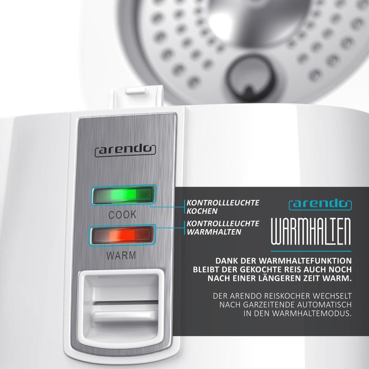 Produktbild Arendo Reiskocher 1,4l, 540 W, 1,4 L, Hitzeschutz, Dampfgareinsatz, Warmhaltefunktion, Dampfgarer, weiss