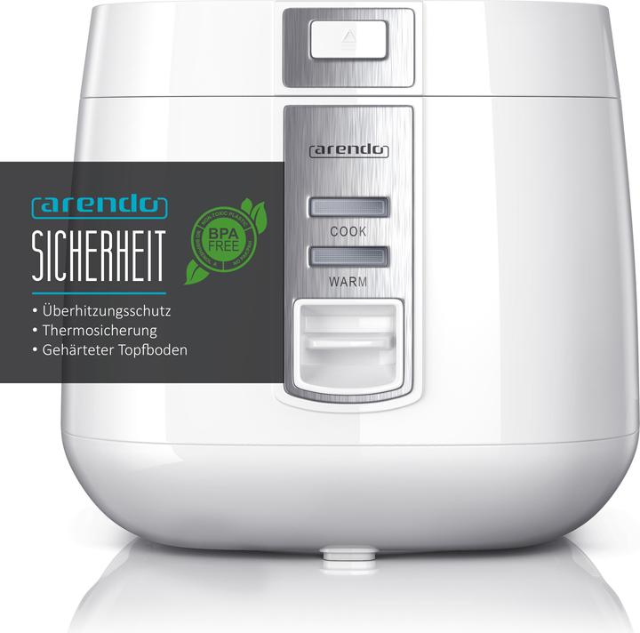 Produktbild Arendo Reiskocher 1,4l, 540 W, 1,4 L, Hitzeschutz, Dampfgareinsatz, Warmhaltefunktion, Dampfgarer, weiss